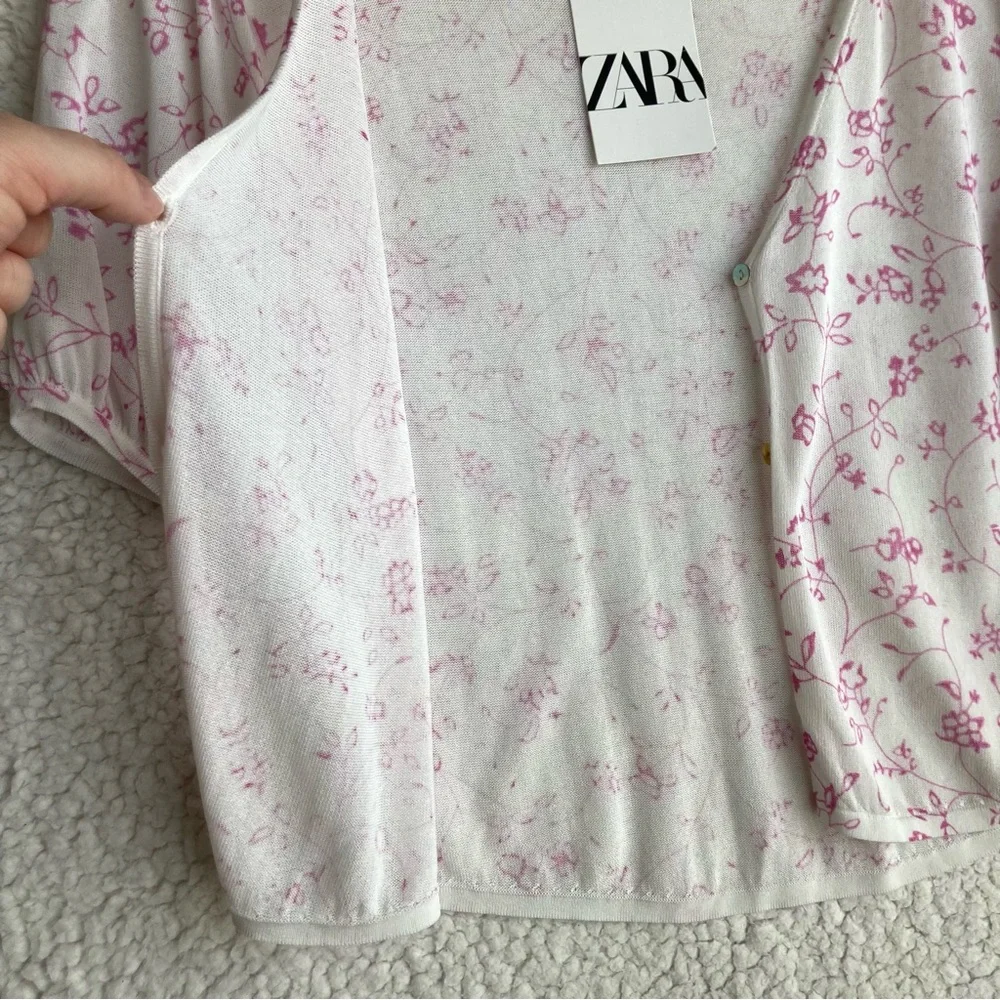 NWT Zara Women's puff short sleeve white floral open front cardigan, Sz L